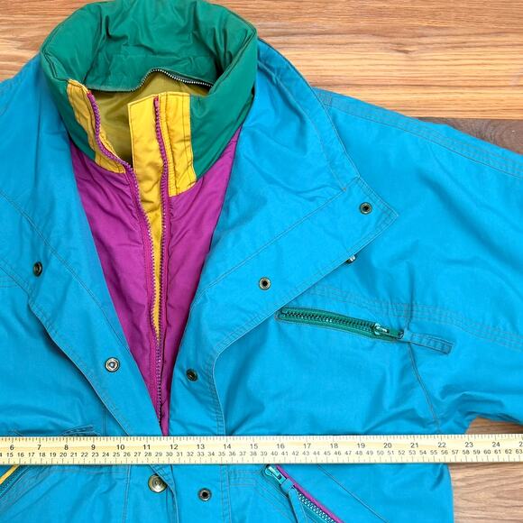 Vintage 80s Colorblock Ski Teal London Fog S Jacket Retro Neon Unisex Oversized - Picture 6 of 8